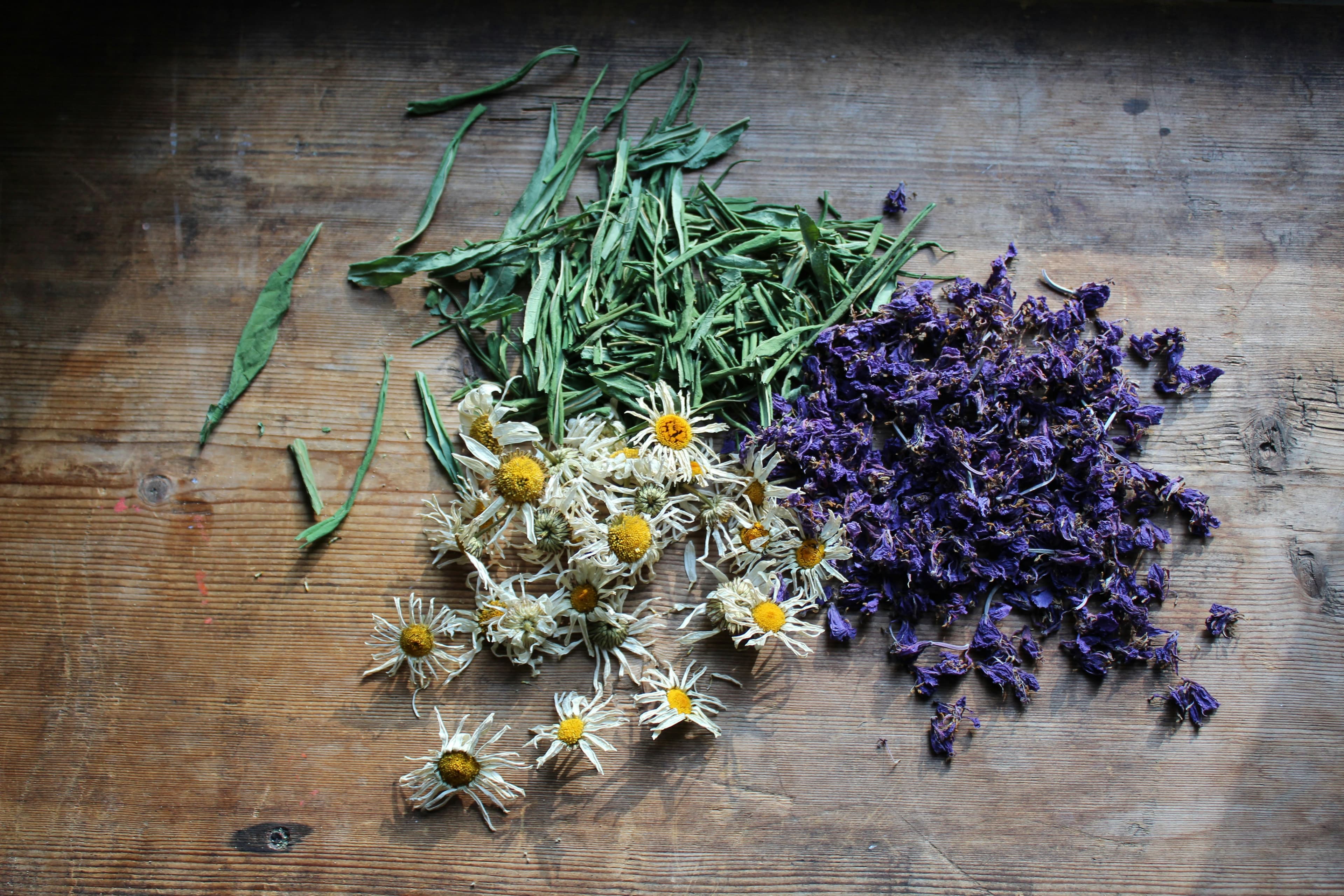 Dried herbs and flowers on a dark wooden table
